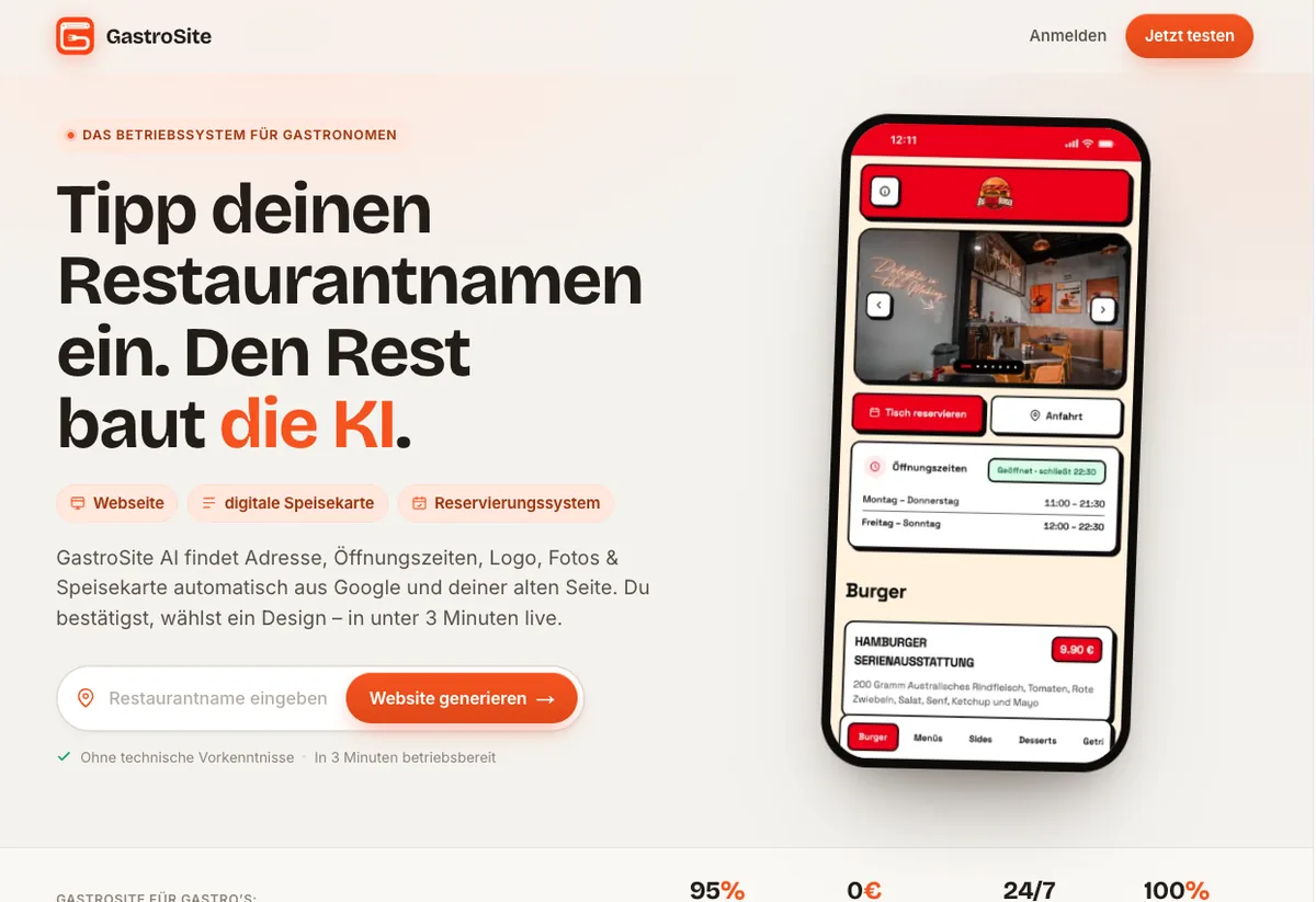 GastroSite: Startseite mit einem Eingabefeld für den Restaurantnamen und einer Handy-Vorschau der fertigen Website